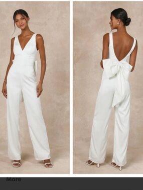 Lulu's White V-Neck Jumpsuit with Back Bow